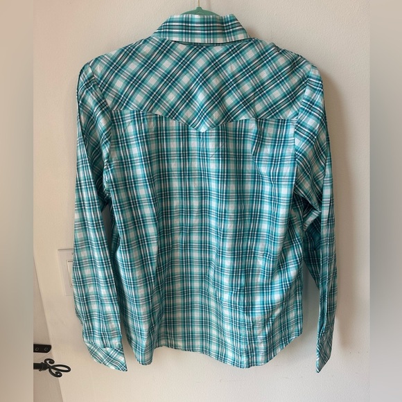 Cowgirl Legend plaid teal white & silver shirt with pearlized snaps size Large - Picture 5 of 6